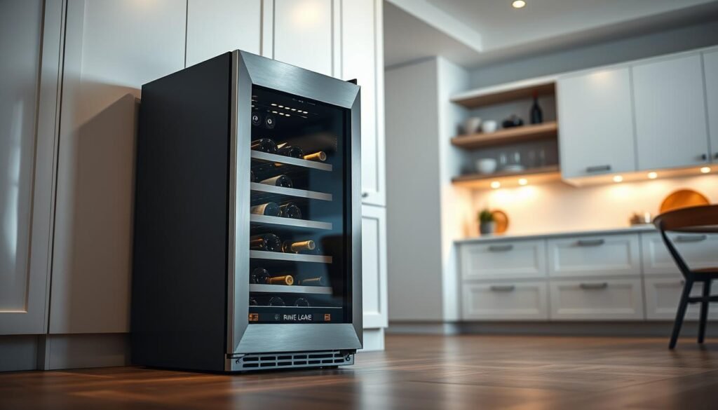 Adega climatizada instalada em sala moderna para conservar vinhos